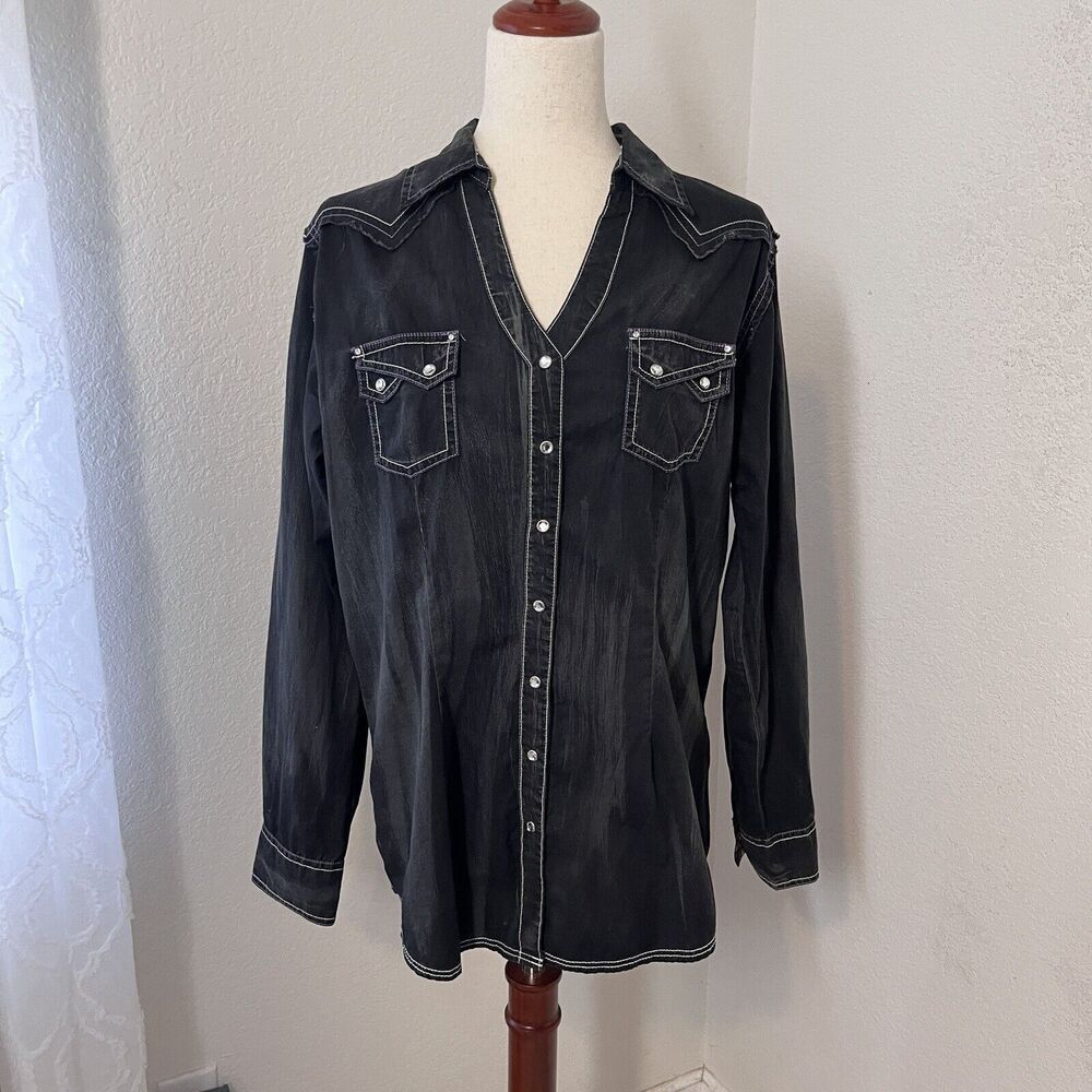 Rock 47 By Wrangler Womens L Snap Long Sleeve Embroidery Distressed Black Shirt